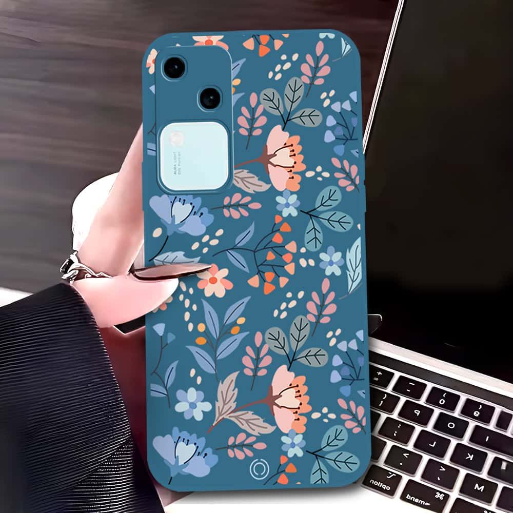 Vivo V30 Cover - Blue - D1 - ONation Floral Series - HQ Liquid Silicone Soft Case