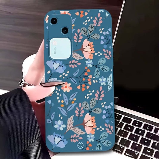 Vivo V30 Cover - Blue - D1 - ONation Floral Series - HQ Liquid Silicone Soft Case