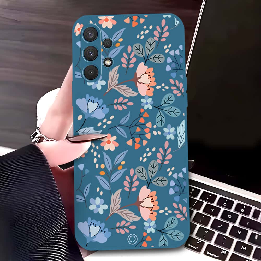 Samsung Galaxy A32 Cover - Blue - D1 - ONation Floral Series - HQ Liquid Silicone Soft Case