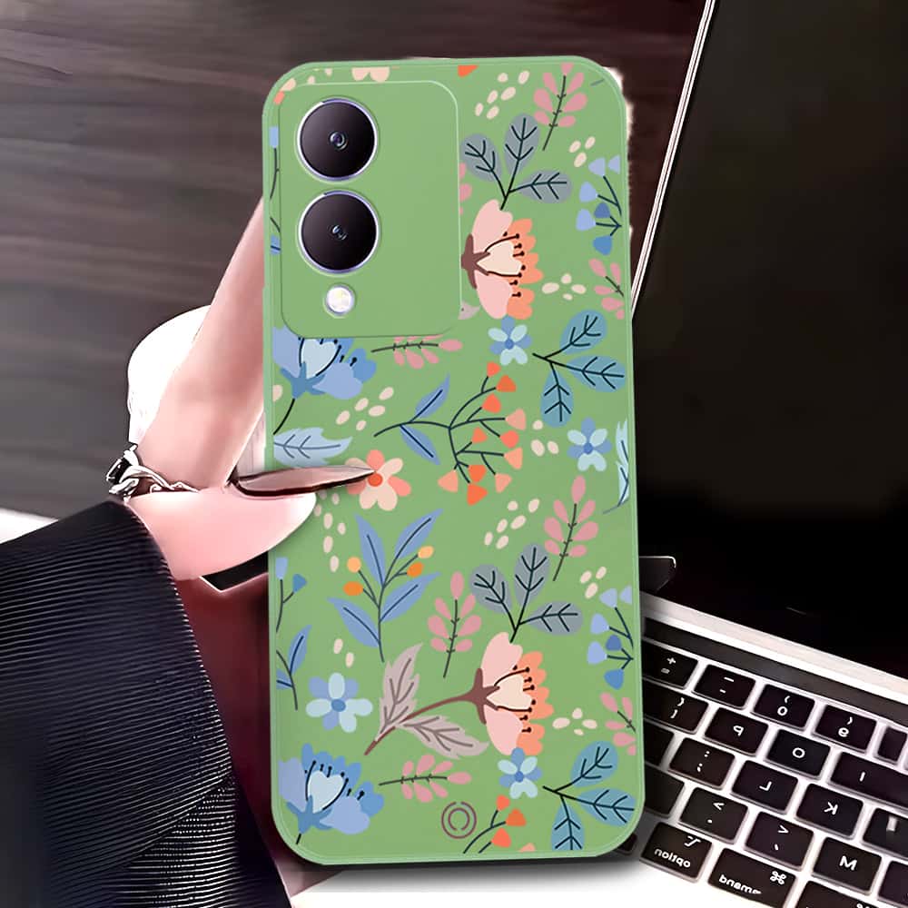 Vivo Y17s Cover - Light Green - D1 - ONation Floral Series - HQ Liquid Silicone Soft Case