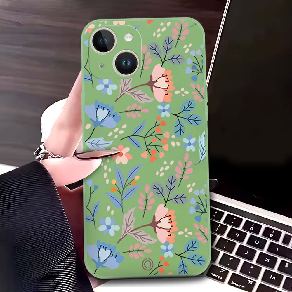 iPhone 14 Cover - Light Green - D1 - ONation Floral Series - HQ Liquid Silicone Soft Case