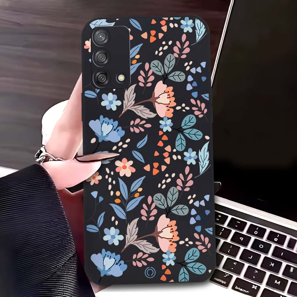 Oppo A95 Cover - Black - D1 - ONation Floral Series - HQ Liquid Silicone Soft Case