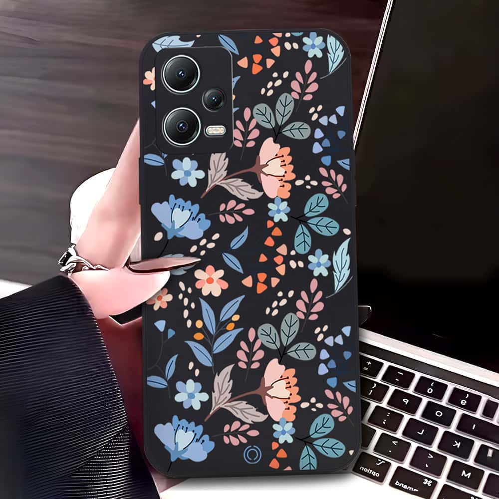 Xiaomi Poco X5 Cover - Black - D1 - ONation Floral Series - HQ Liquid Silicone Soft Case