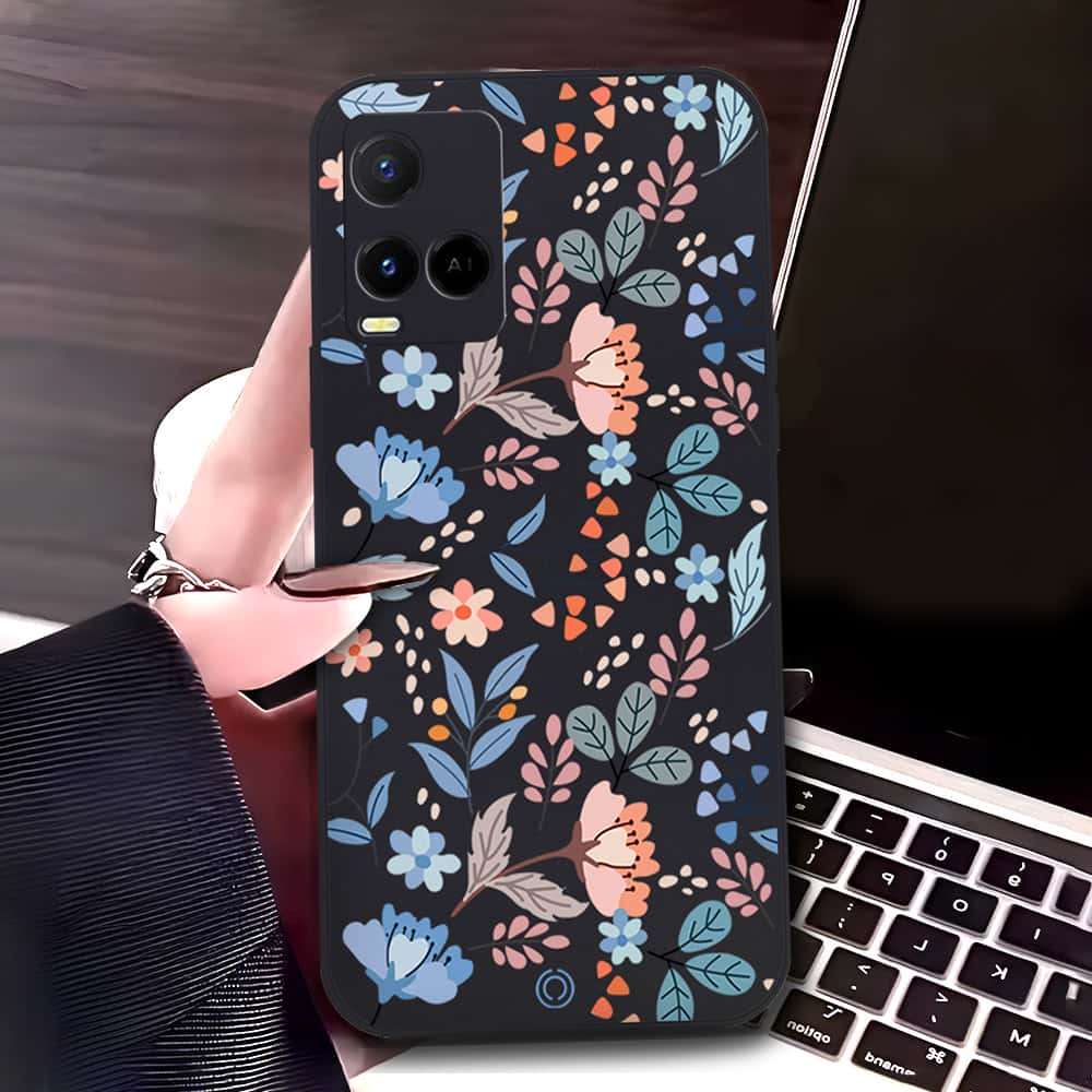Vivo Y33t Cover - Black - D1 - ONation Floral Series - HQ Liquid Silicone Soft Case