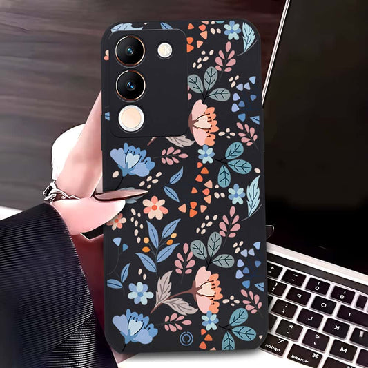 Vivo V29e Cover - Black - D1 - ONation Floral Series - HQ Liquid Silicone Soft Case