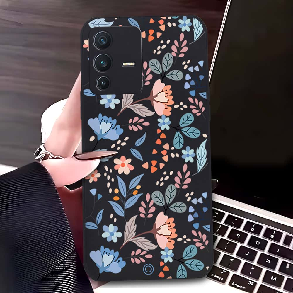 Vivo V23 5G Cover - Black - D1 - ONation Floral Series - HQ Liquid Silicone Soft Case