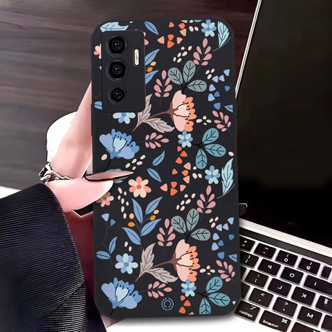 Vivo V23e Cover - Black - D1 - ONation Floral Series - HQ Liquid Silicone Soft Case