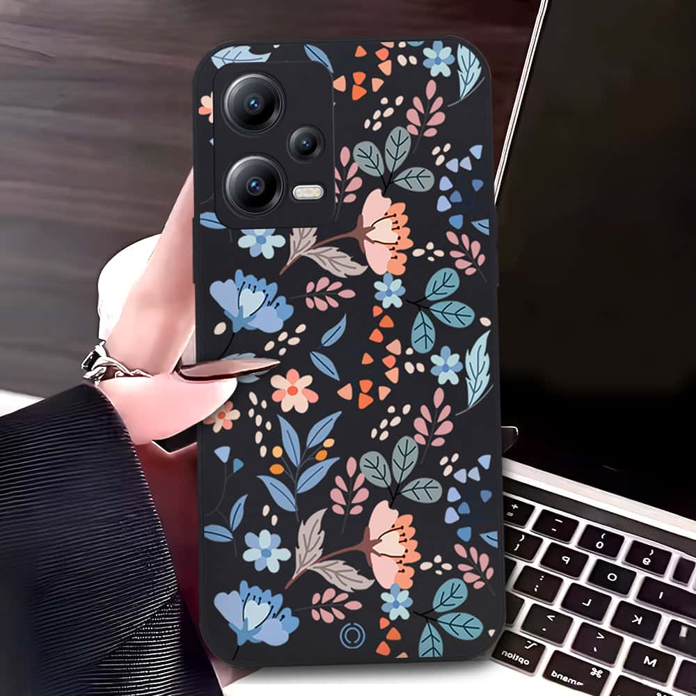 Xiaomi Redmi Note 12 5G Cover - Black - D1 - ONation Floral Series - HQ Liquid Silicone Soft Case