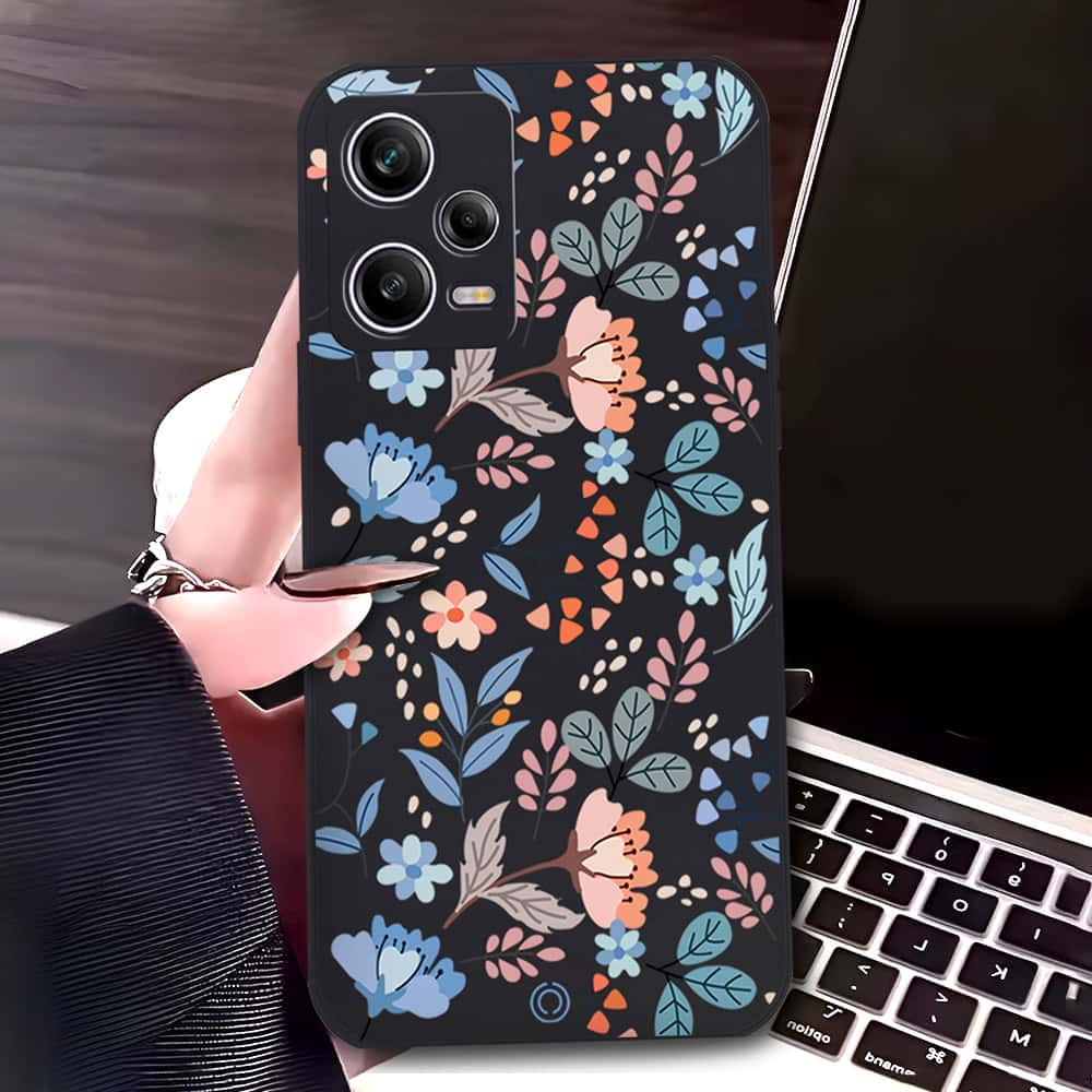 Xiaomi Redmi Note 12 Pro 5G Cover - Black - D1 - ONation Floral Series - HQ Liquid Silicone Soft Case