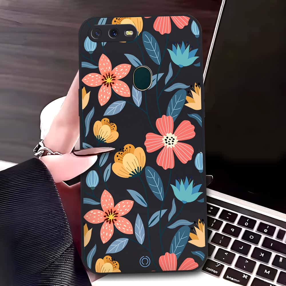 Oppo A5s Cover - Black - D2 - ONation Floral Series - HQ Liquid Silicone Soft Case