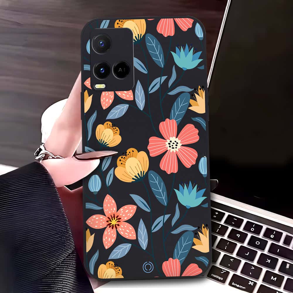 Vivo Y21G Cover - Black - D2 - ONation Floral Series - HQ Liquid Silicone Soft Case