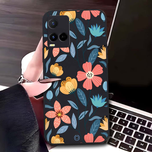 Vivo Y21 Cover - Black - D2 - ONation Floral Series - HQ Liquid Silicone Soft Case