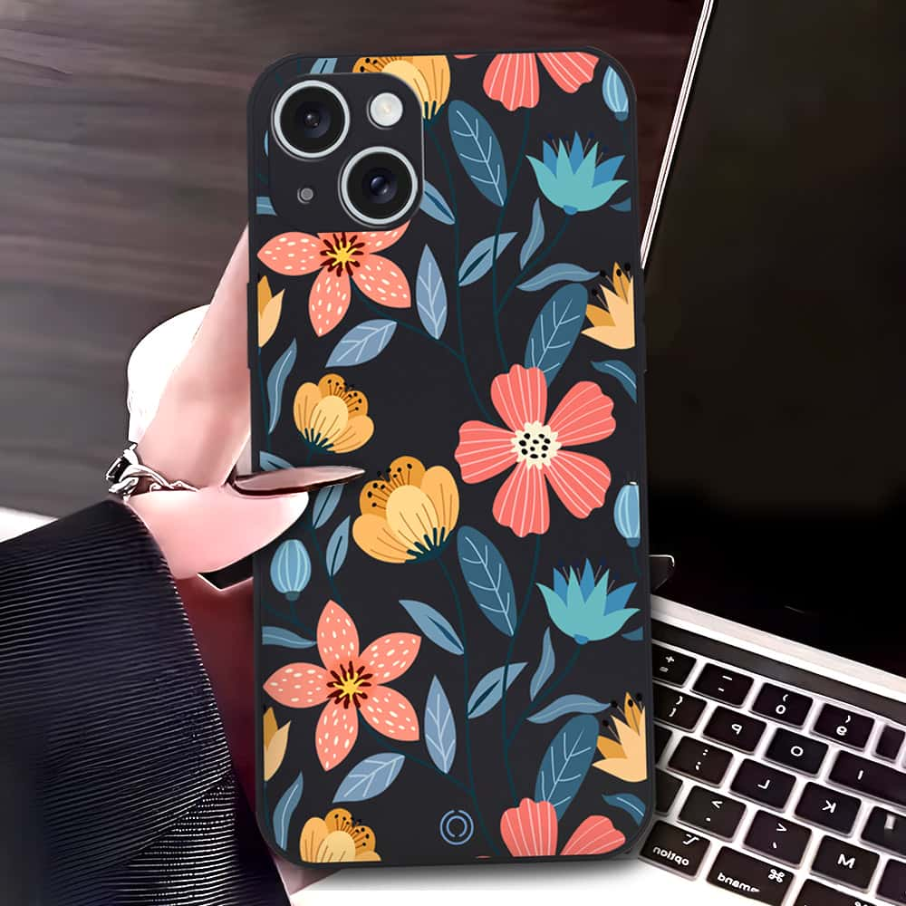 iPhone 15 Plus Cover - Black - D2 - ONation Floral Series - HQ Liquid Silicone Soft Case