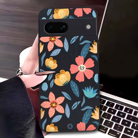 Google Pixel 7a Cover - Black - D2 - ONation Floral Series - HQ Liquid Silicone Soft Case