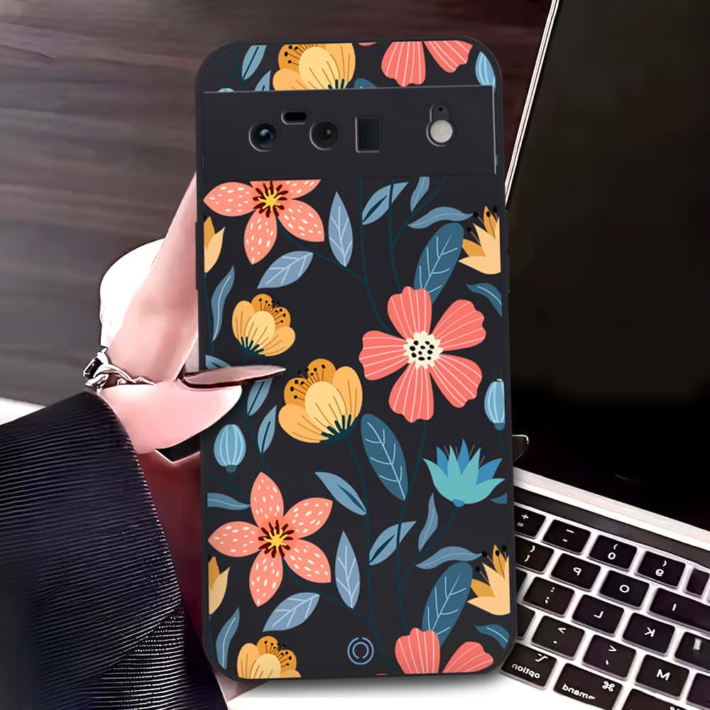 Google Pixel 6 Cover - Black - D2 - ONation Floral Series - HQ Liquid Silicone Soft Case