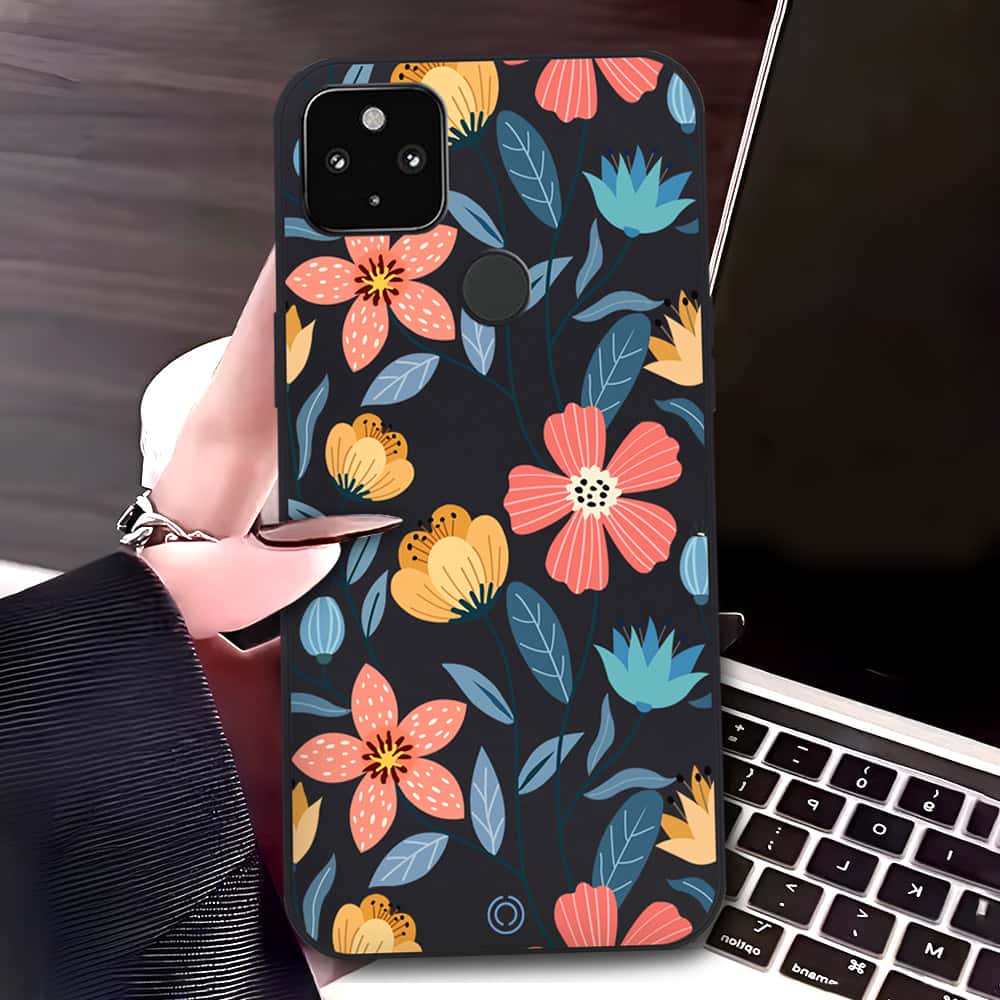 Google Pixel 5 Cover - Black - D2 - ONation Floral Series - HQ Liquid Silicone Soft Case
