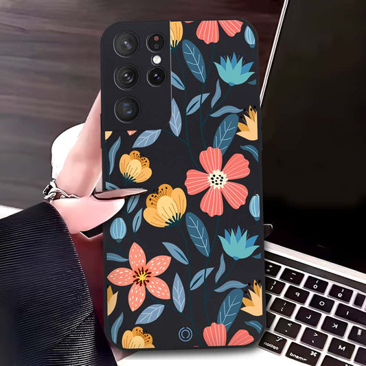Samsung Galaxy S21 Ultra 5G Cover - Black - D2 - ONation Floral Series - HQ Liquid Silicone Soft Case