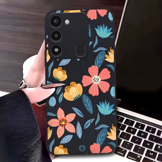 Tecno Spark Go 2022 Cover - Black - D2 - ONation Floral Series - HQ Liquid Silicone Soft Case