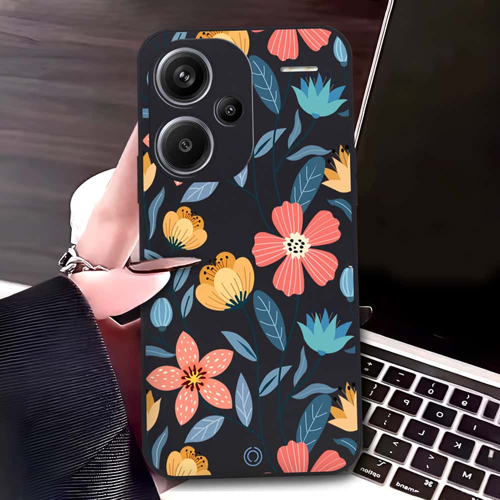 Xiaomi Redmi Note 13 Pro Plus 5G Cover - Black - D2 - ONation Floral Series - HQ Liquid Silicone Soft Case