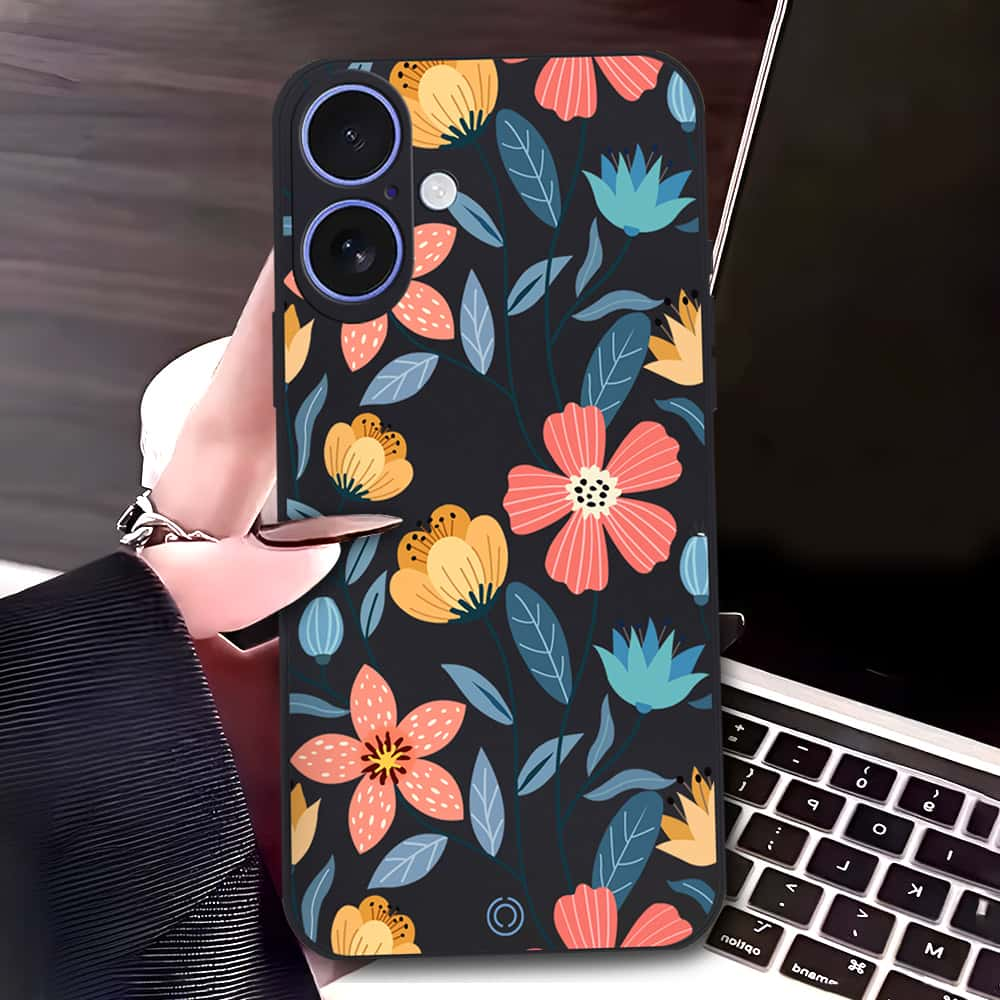 iPhone 16 Plus Cover - Black - D2 - ONation Floral Series - HQ Liquid Silicone Soft Case