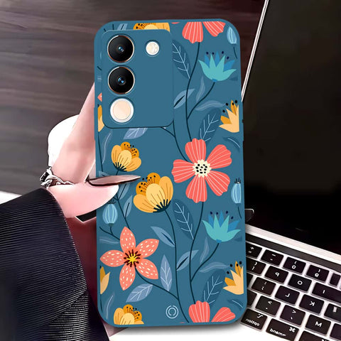 Vivo V29e Cover - Blue - D2 - ONation Floral Series - HQ Liquid Silicone Soft Case
