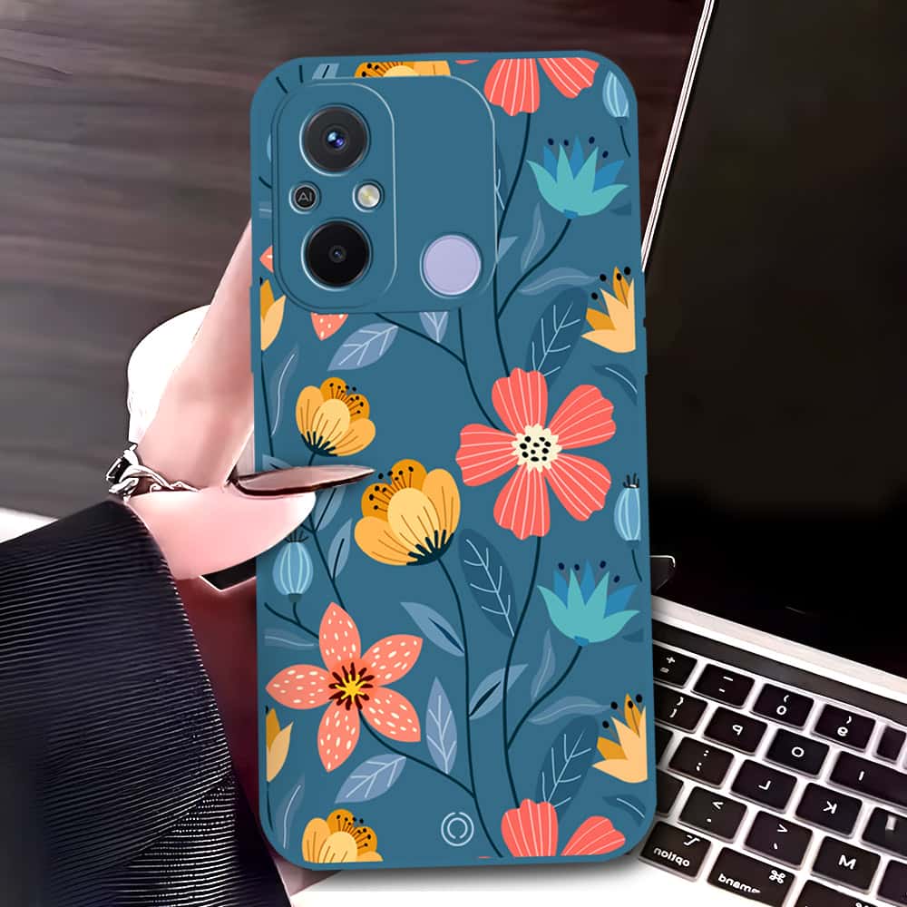 Xiaomi Redmi 12C Cover - Blue - D2 - ONation Floral Series - HQ Liquid Silicone Soft Case