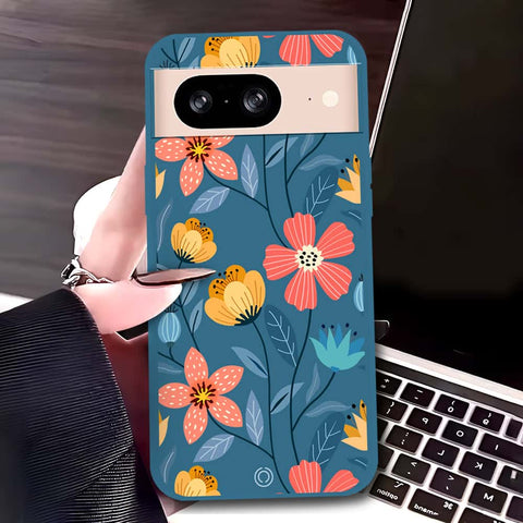 Google Pixel 8 Cover - Blue - D2 - ONation Floral Series - HQ Liquid Silicone Soft Case