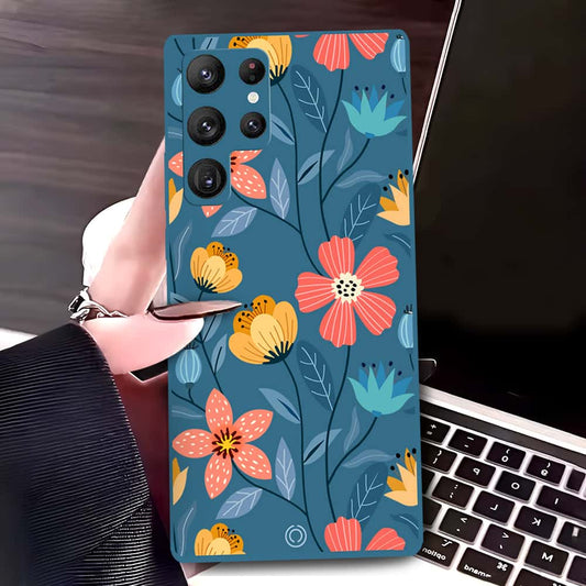 Samsung Galaxy S22 Ultra 5G Cover - Blue - D2 - ONation Floral Series - HQ Liquid Silicone Soft Case