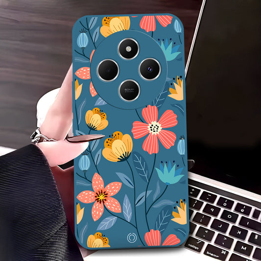 Xiaomi Redmi 14C Cover - Blue - D2 - ONation Floral Series - HQ Liquid Silicone Soft Case