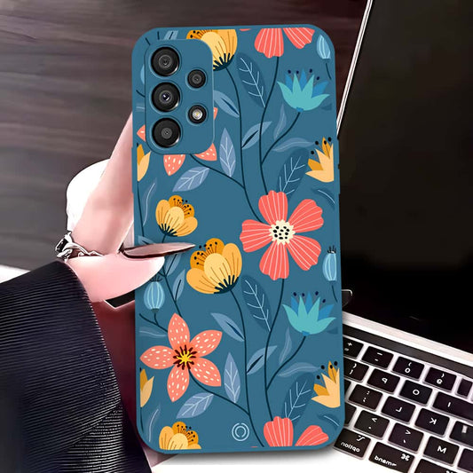 Samsung Galaxy A13 Cover - Blue - D2 - ONation Floral Series - HQ Liquid Silicone Soft Case