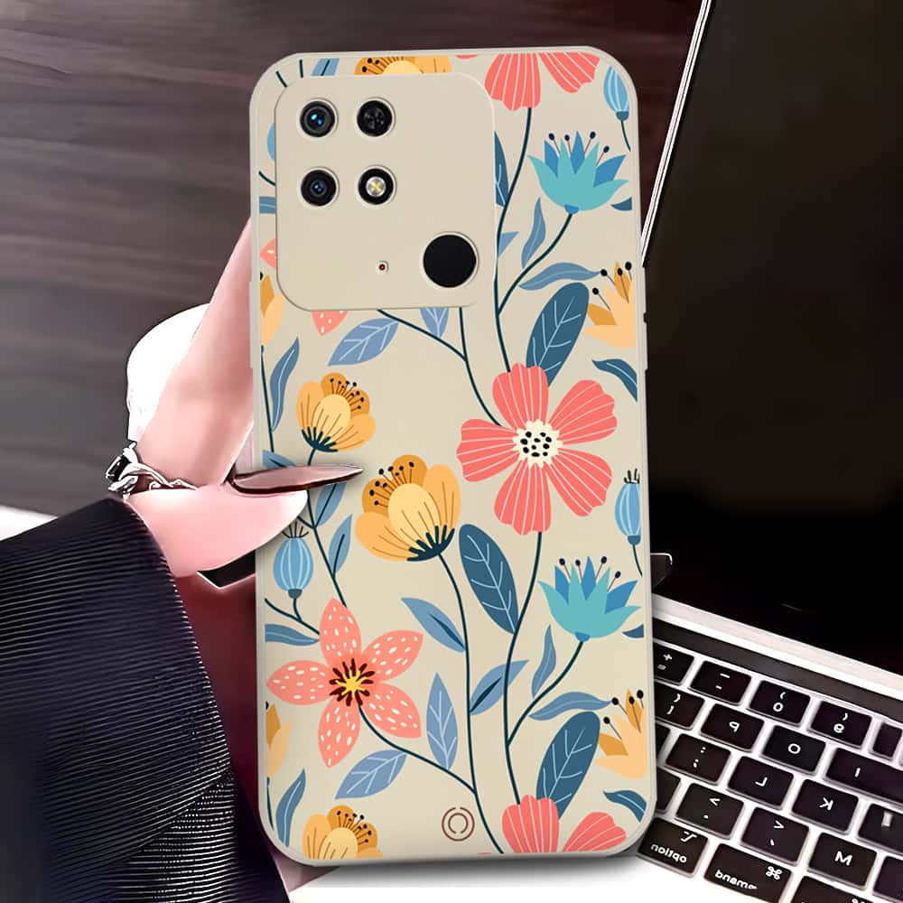 Xiaomi Redmi 10C Cover - Off White - D2 - ONation Floral Series - HQ Liquid Silicone Soft Case