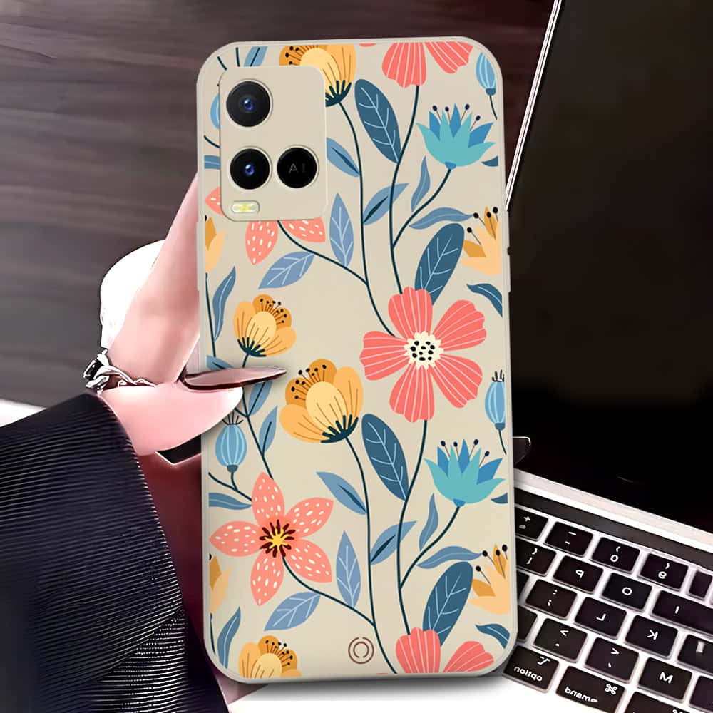 Vivo Y21G Cover - Off White - D2 - ONation Floral Series - HQ Liquid Silicone Soft Case