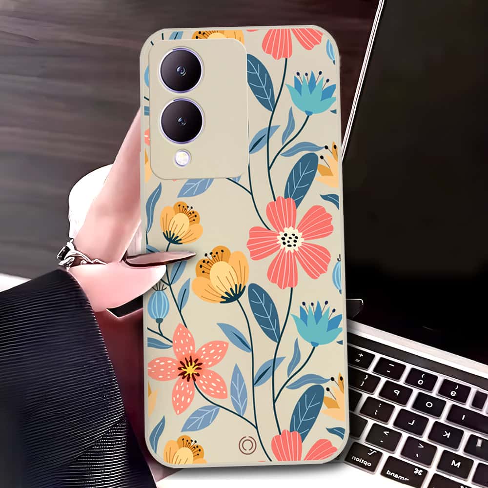 Vivo Y17s Cover - Off White - D2 - ONation Floral Series - HQ Liquid Silicone Soft Case