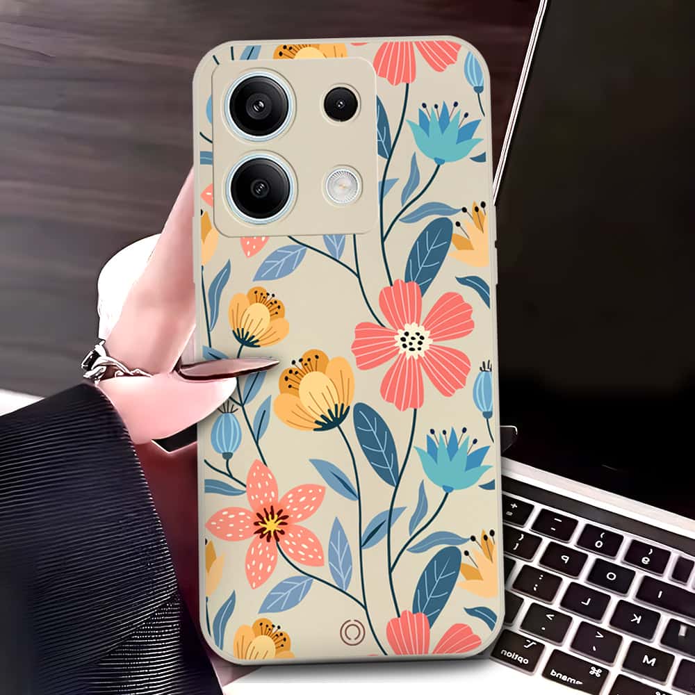 Xiaomi Redmi Note 13 Cover - Off White - D2 - ONation Floral Series - HQ Liquid Silicone Soft Case