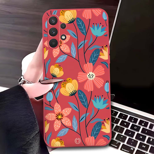 Samsung Galaxy A32 Cover - Red - D2 - ONation Floral Series - HQ Liquid Silicone Soft Case