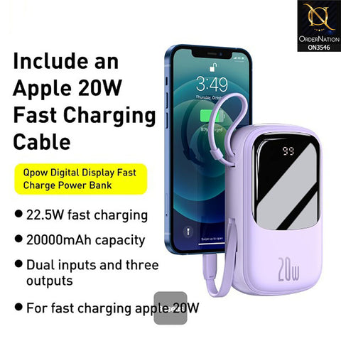 Baseus Qpow Pro Digital Display 20W 10,000mah IP Cable - Fast Charge Power Bank - Purple