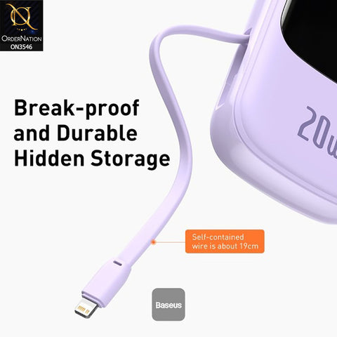 Baseus Qpow Pro Digital Display 20W 10,000mah IP Cable - Fast Charge Power Bank - Purple