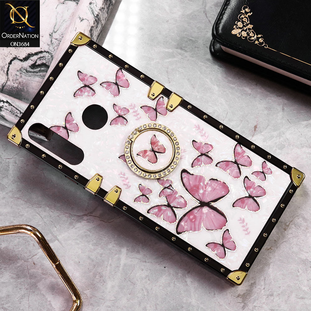Infinix Hot 8 Cover - Design1 - Trendy Holographic Design Golden Square Case with Matching Bling Ring Holder