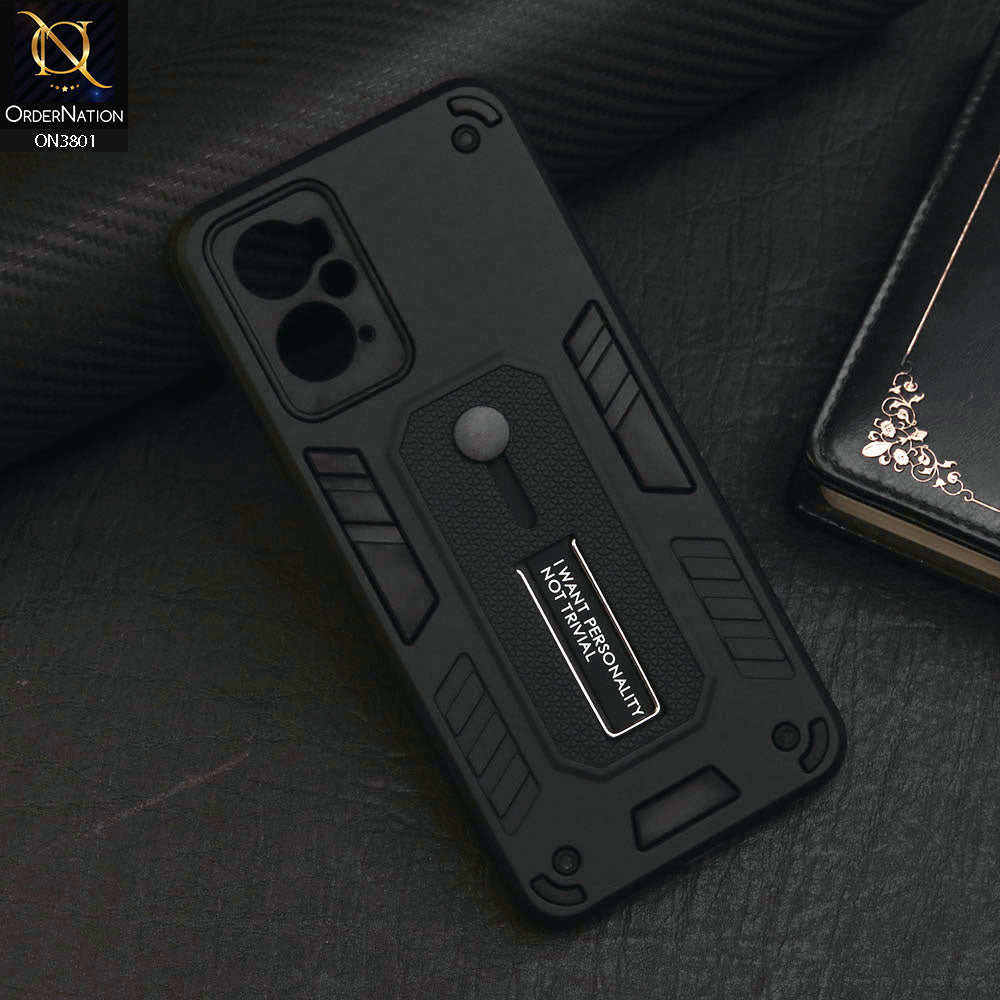 Oppo A76 Cover - Black - Hybrid Stylish Slide Finger Grip With Metal Kickstand Soft Borders Case