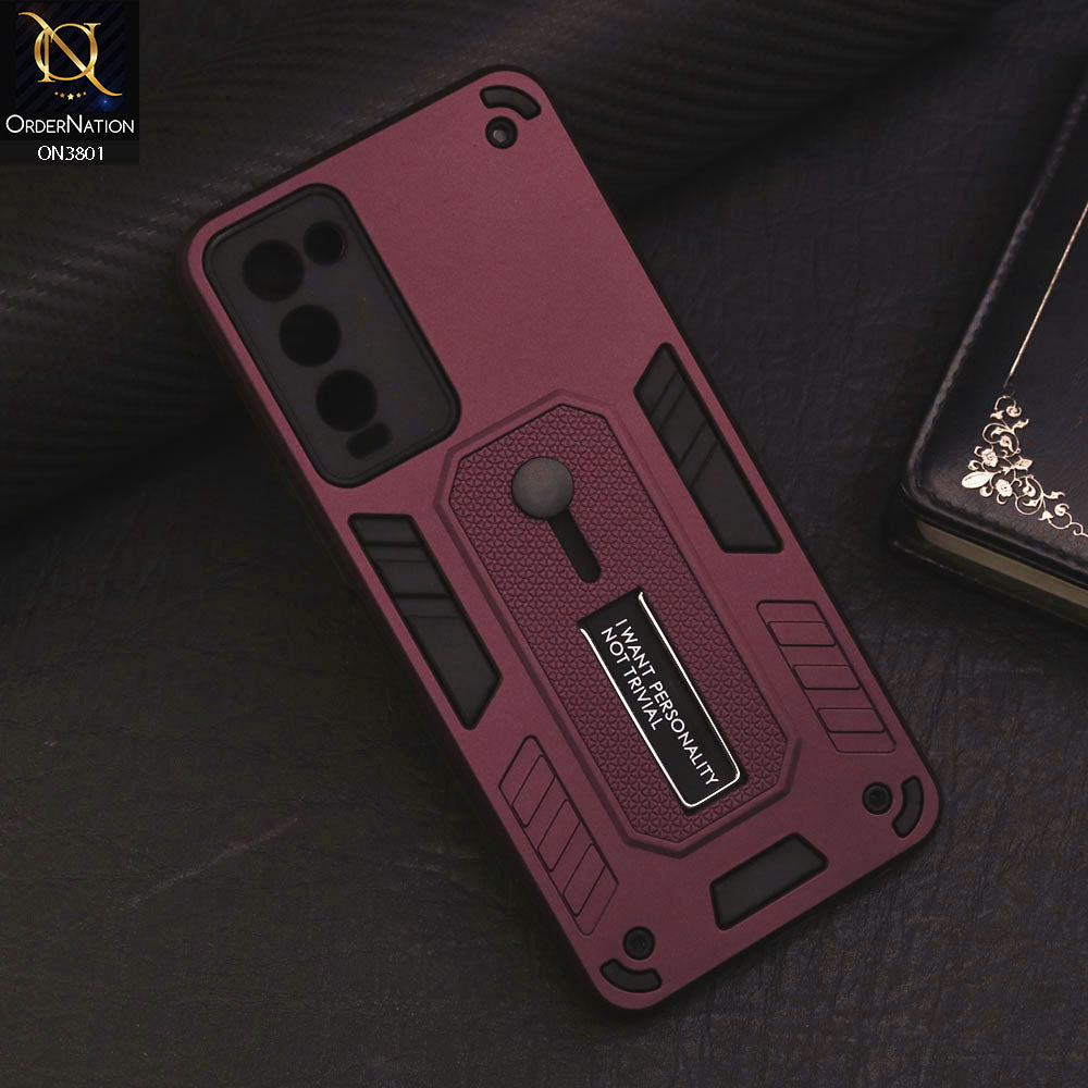 Tecno Camon 18 Cover - Burgundy - Hybrid Stylish Slide Finger Grip With Metal Kickstand Soft Borders Case