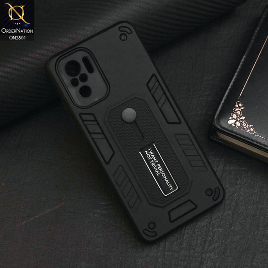 Xiaomi Redmi Note 10 4G Cover - Black - Hybrid Stylish Slide Finger Grip With Metal Kickstand Soft Borders Case