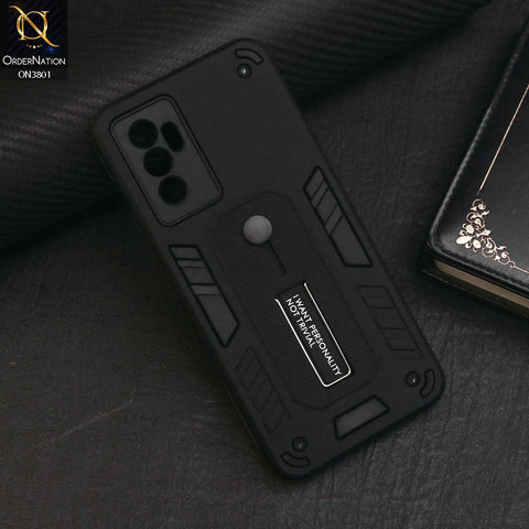 Vivo V23e 5G Cover - Black - Hybrid Stylish Slide Finger Grip With Metal Kickstand Soft Borders Case