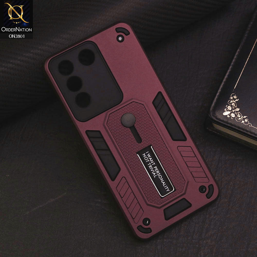 Vivo V27e Cover - Burgundy - Hybrid Stylish Slide Finger Grip With Metal Kickstand Soft Borders Case