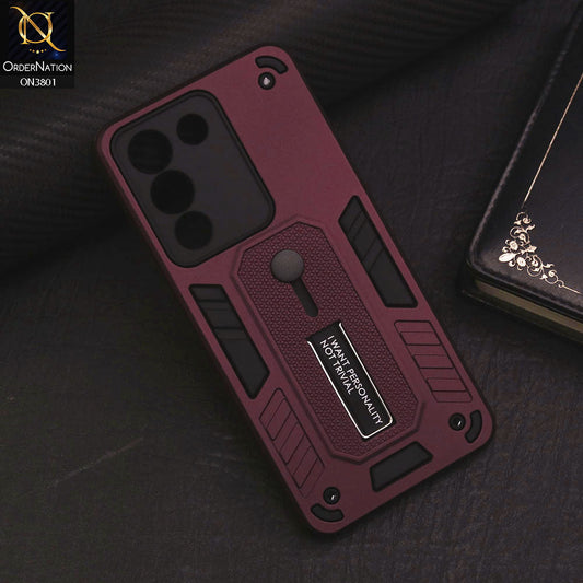 Vivo Y200 Cover - Burgundy - Hybrid Stylish Slide Finger Grip With Metal Kickstand Soft Borders Case