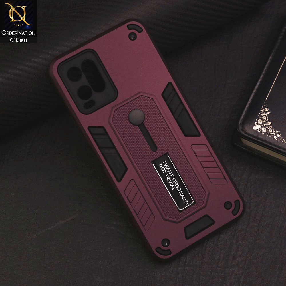 Vivo Y33t Cover - Burgundy - Hybrid Stylish Slide Finger Grip With Metal Kickstand Soft Borders Case