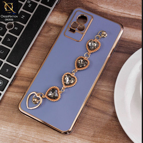 Vivo V21e Cover - Blue - New Electroplating Silk Shiny Camera Bumper Soft Case With Heart Chain Holder