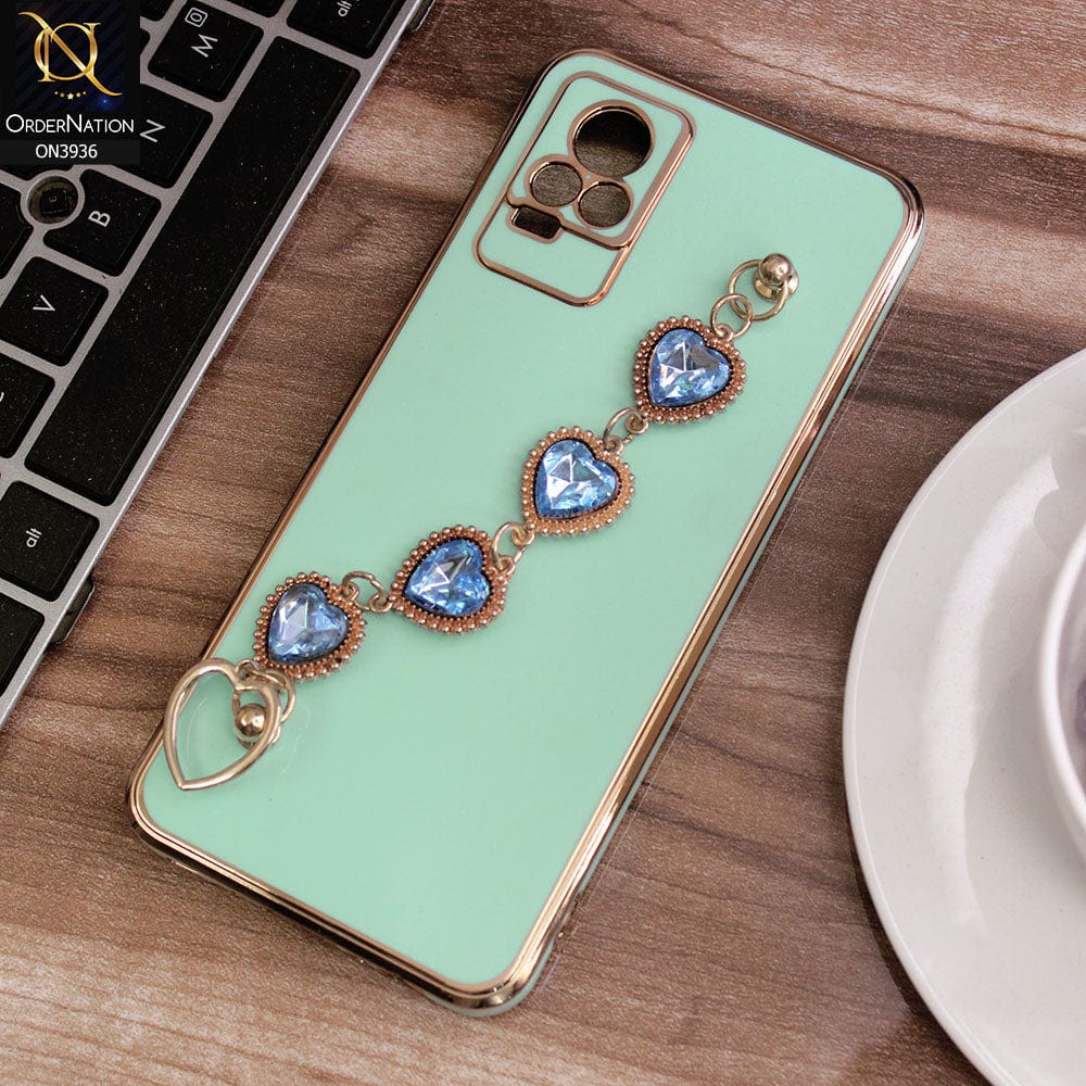 Vivo V21e Cover - Sea Green - New Electroplating Silk Shiny Camera Bumper Soft Case With Heart Chain Holder