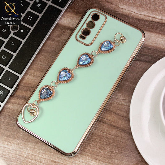 Vivo Y11s Cover - Sea Green - New Electroplating Silk Shiny Camera Bumper Soft Case With Heart Chain Holder