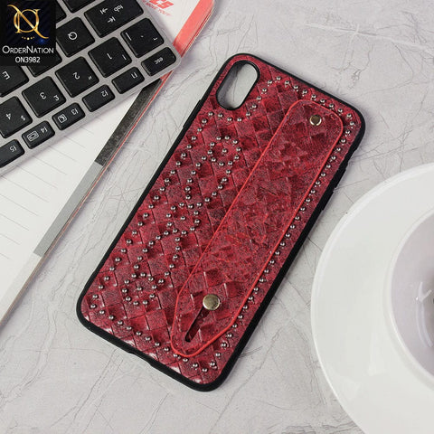 iPhone XS Max Cover - Red - Premium Leather Texture Shiny Stones Case With Mobile Holding Belt