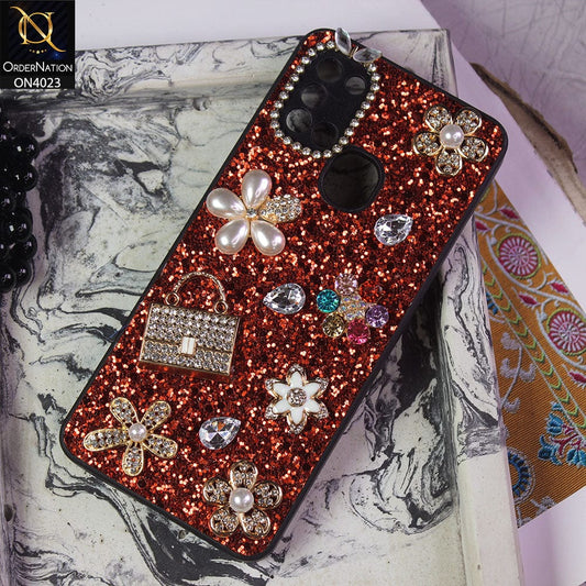 Samsung Galaxy A21s Cover - Red - New Bling Bling Sparkle 3D Flowers Shiny Glitter Texture Protective Case